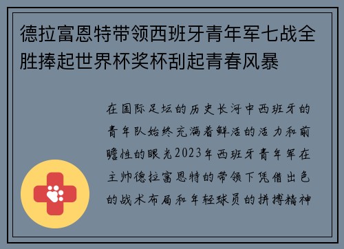 德拉富恩特带领西班牙青年军七战全胜捧起世界杯奖杯刮起青春风暴