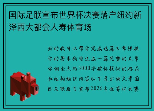 国际足联宣布世界杯决赛落户纽约新泽西大都会人寿体育场