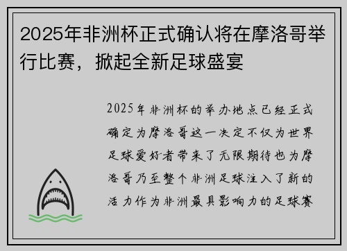 2025年非洲杯正式确认将在摩洛哥举行比赛，掀起全新足球盛宴