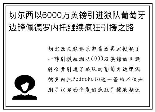 切尔西以6000万英镑引进狼队葡萄牙边锋佩德罗内托继续疯狂引援之路 切尔西以6000万英镑引进狼队葡萄牙边锋佩德罗内托继续疯狂引援之路